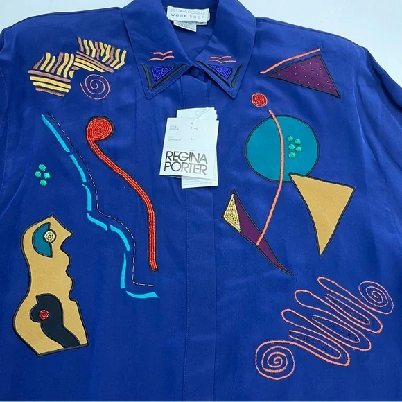 Regina Porter Womens Large Purple Blue Wicked 90s Shirt & Pants 100%‎ Silk NEW - Picture 4 of 16